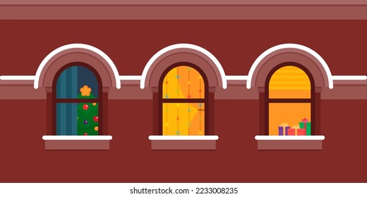 Merry Christmas and Happy New Year! Winter holiday windows decorated with lights, trees and gifts. Window peering. Vector illustration of winter holidays.