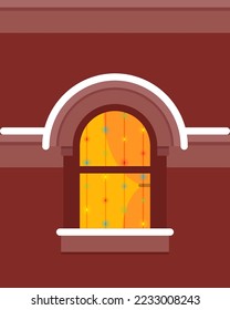 Merry Christmas and Happy New Year! Winter holiday windows decorated with lights, trees and gifts. Window peering. Vector illustration of winter holidays.