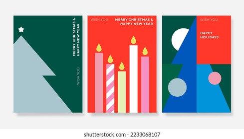 Merry Christmas and Happy New Year abstract geometric card design set. Modern flat minimalist style. Merry Christmas invitation, poster, greeting card