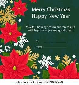 Merry Christmas, Happy New Year greeting card design template vector illustration. Cartoon floral pattern with blooming poinsettia flowers, gold stars and snowflakes, text in floral Christmas banner