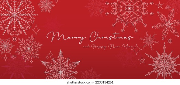 Merry Christmas and Happy New Year festive design, beautiful snowflakes in modern doodle line art style, falling snow. Xmas decoration. Vector illustration.
