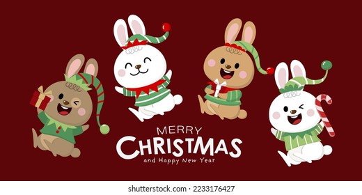 Merry Christmas and happy new year 2023 greeting card with rabbit and bunny in elf costumes. Holiday cartoon character. -Vector