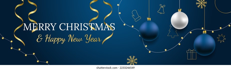 Merry Christmas and Happy New Year vector banner. Realistic rose gold and blue baubles, snowflakes hanging on dark blue background with realistic garland and confetti. Background gold Christmas icon