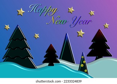 Merry Christmas and happy new year landscape with christmas tree, gold stars and snow vector on colourful background. Vector 