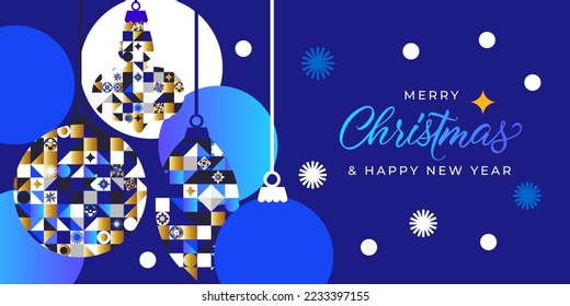 Merry Christmas and a happy new year.
Modern design with сhristmas toys in a geometric, modern style. 
Made in corporate colors on a blue background.
Great for a banner, social media, postcard, poster