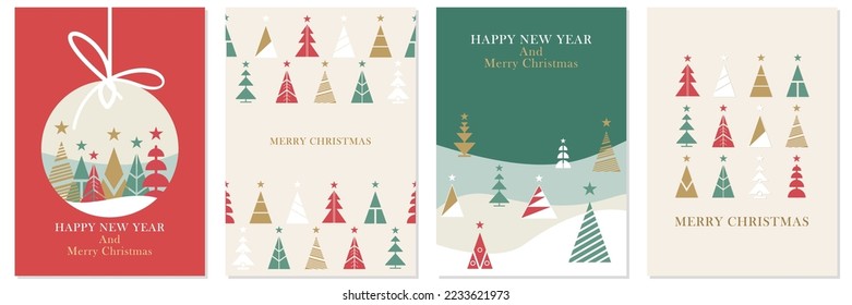 Merry Christmas and Happy New Year Set of greeting cards, posters, holiday covers. Modern Xmas design with triangle firs pattern in green, red, white colors. Christmas tree, ball, decoration elements 