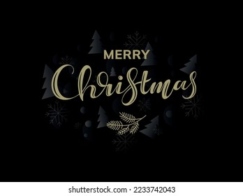 Merry Christmas and Happy New Year card (line art) with pine leaves and snowflakes on a black background.