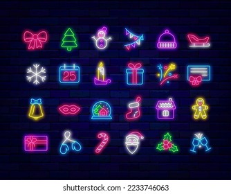 Merry Christmas and Happy New Year neon icons collection. Sock, cabell and Santa Claus. Winter holiday celebration. Snow man, garland and bow. Vector stock illustration