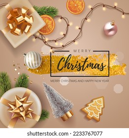 Merry Christmas and Happy New Year. Background with realistic festive gifts box and golden bow. Xmas present boxes with beige background, Golden Christmas baubles, balls, glitter gold confetti, light.
