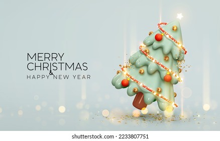 Merry Christmas and Happy New Year. Christmas tree with garland and star, blue background with bright blur bokeh lights. Winter festive seasonal abstract design. Vector illustration