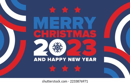 Merry Christmas and Happy New Year 2023. Magic holiday poster with snowflake. Winter celebration event. Christmas party. Congratulation card. Festive design template. Vector illustration