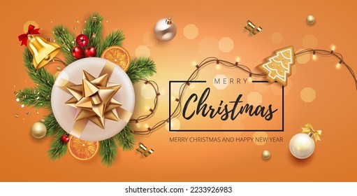 Merry Christmas and Happy New Year Orange Background with  festive gift box. Xmas present. White box with gold ribbon bow gift surprise, Golden Christmas baubles, balls, bell,  gold glitter serpentine