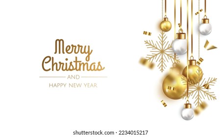 Merry Christmas and Happy New Year poster or banner with gift box, christmas ball and gold christmas element