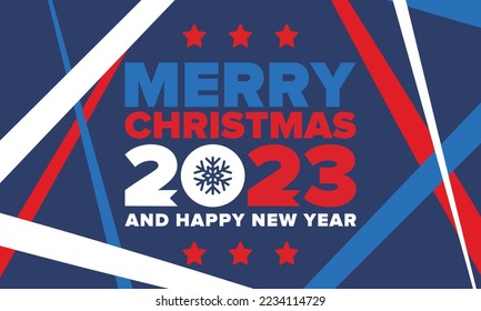 Merry Christmas and Happy New Year 2023. Magic holiday poster with snowflake. Winter celebration event. Christmas party. Congratulation card. Festive design template. Vector illustration