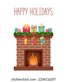 Merry Christmas and Happy New Year card. Fireplace with christmas decoration. Vector illustration