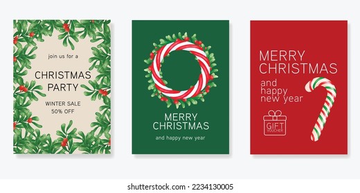 Merry Christmas and Happy New Year greeting card. Watercolor floral border illustration vector.