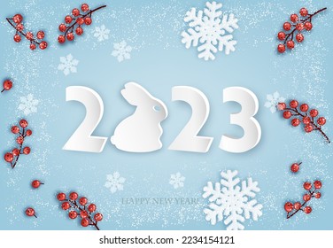 Merry Christmas and Happy New Year background with a 2023 letters, red berries and snowflakes. Year of the Rabbit concept. Vector