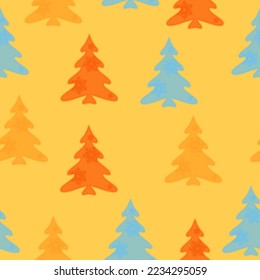 Merry Christmas, Happy New Year seamless pattern with Christmas trees for greeting cards, wrapping paper.  Doodles. Seamless colorful winter pattern on black background. Vector illustration.
