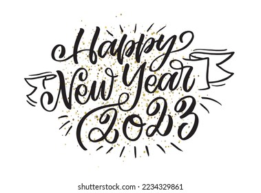 Merry Christmas and happy new year lettering. Happy winter holidays postcard. Holly jolly. Merry and bright. Seasons greetings.  