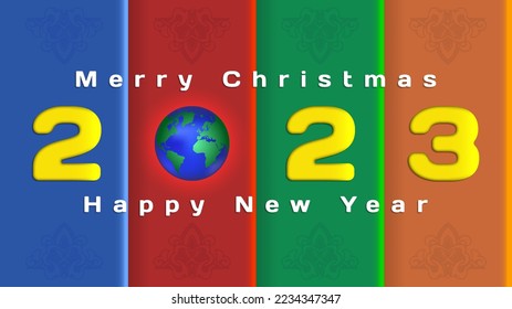 Merry Christmas and Happy New Year 2023. Vector greeting four-color poster with an inscription, shadows and patterns. Planet earth in red glow.