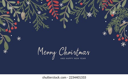 Merry Christmas and Happy New Year greeting card. Winter holiday frame with hand drawn Christmas tree branches, leaves, berries, snowflakes. Cute flat design elements in retro style. Vector 