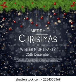 Merry Christmas and Happy New Year vector illustration. Black gradient background with stars and snowflakes