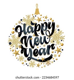 Merry Christmas and happy new year lettering. Happy winter holidays postcard. Holly jolly. Merry and bright. Seasons greetings.  