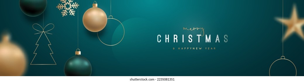 Merry Christmas and Happy New Year festive background. Realistic hanging green and golden Christmas balls. Xmas vector banner, social networks, web header.