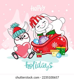 Merry Christmas and Happy New Year card with Little Rabbit in Santa Clause Hat and gift boxes. Vector illustration of kawaii style. Chinese symbol 2023 new year