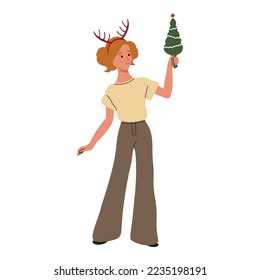 Merry Christmas and Happy New Year. Girl with Christmas tree and deer antlers. Vector illustration isolated on white background
