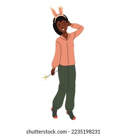 Merry Christmas and Happy New Year. Cheerful black girl in bunny ears holding sparkler. Isolated vector Christmas character
