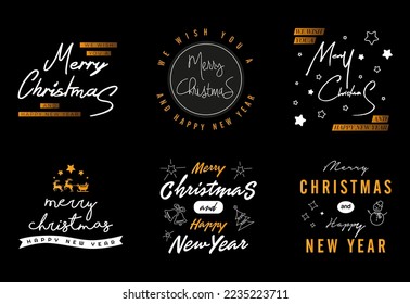 Merry Christmas and Happy New Year. Handwritten modern brush lettering, Typography and Calligraphy set.Vector designs.