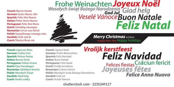 merry christmas happy new year happy holidays languages doodle design drawing vector illustration