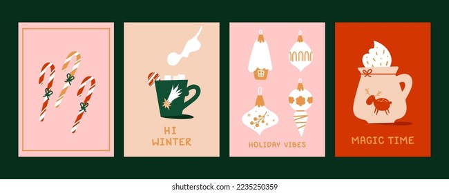 Merry Christmas and Happy New Year. Vector illustrations of Christmas tree, house and other objects