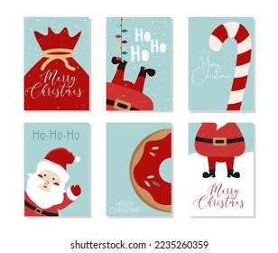 Merry Christmas and Happy New Year greeting card set with cute santa claus. Vector