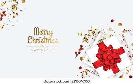 Merry Christmas and Happy New Year. Xmas Festive background with realistic 3d objects, gift box, blue and white balls.