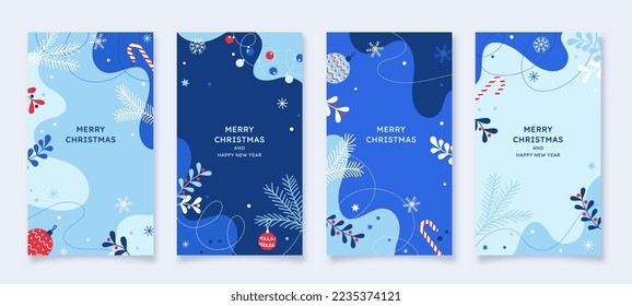 Merry Christmas and Happy New Year set of social media story design templates. Xmas holiday poster set. Vector design of christmas elements for greeting card, cover, social media post.