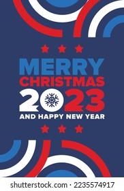 Merry Christmas and Happy New Year 2023. Magic holiday poster with snowflake. Winter celebration event. Christmas party. Congratulation card. Festive design template. Vector illustration