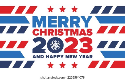 Merry Christmas and Happy New Year 2023. Magic holiday poster with snowflake. Winter celebration event. Christmas party. Congratulation card. Festive design template. Vector illustration