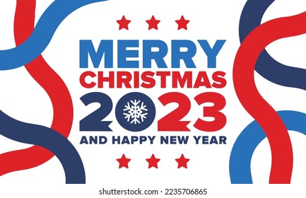 Merry Christmas and Happy New Year 2023. Magic holiday poster with snowflake. Winter celebration event. Christmas party. Congratulation card. Festive design template. Vector illustration