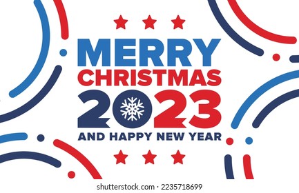 Merry Christmas and Happy New Year 2023. Magic holiday poster with snowflake. Winter celebration event. Christmas party. Congratulation card. Festive design template. Vector illustration