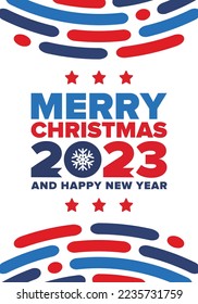 Merry Christmas and Happy New Year 2023. Magic holiday poster with snowflake. Winter celebration event. Christmas party. Congratulation card. Festive design template. Vector illustration
