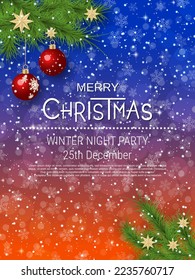 Merry Christmas and Happy New Year vector illustration. Blue-orange background with stars, snowflakes and winter decor. Flyer, invitation card, booklet template