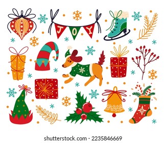 Merry Christmas and happy New Year vector icons set. Winter holiday symbols - holly, gifts, bell, tree, festive stocking, cute dog, snowflake, Santa Claus hat. Flat cartoon clipart for prints, cards