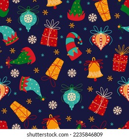 Merry Christmas and Happy New Year seamless vector pattern. Winter holiday symbols - gifts, snowflakes, tree toy, jingle bells, hats of Santa Claus and elves. Flat cartoon background for wallpaper