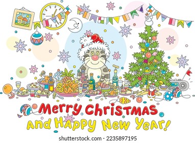 Merry Christmas and happy New Year card with a funny fat cat in a Santa hat sitting at a festive table full of tasty food, sweets, drinks and gifts for long winter holidays, vector cartoon