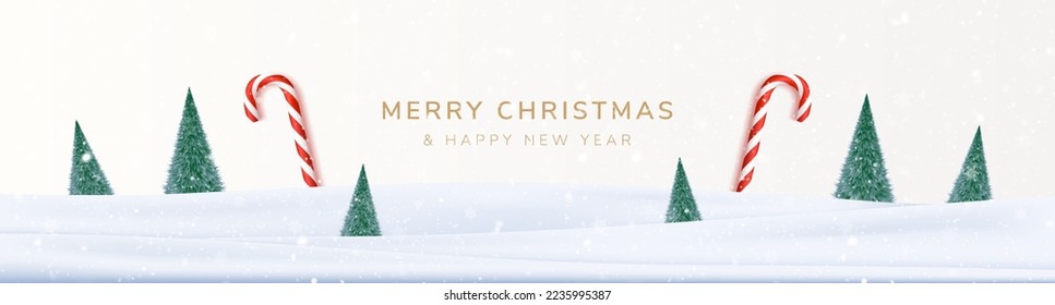 Merry Christmas and Happy New Year Background with Snow, Candy Cane, and Christmas Trees Landscape. Vector illustration
