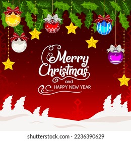 merry christmas and happy new year banner background red hanging christmas ball winter night vector template 02