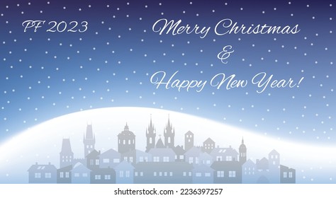 Merry Christmas and Happy New Year card. PF 2023. Snowy old town. Handwriting text on the blue backgroung. Vector illustration.