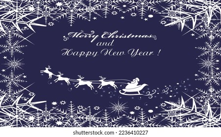 Merry Christmas and Happy New Year text. Abstract dark blue background. Frame with snowflakes. White color silhouettes of Santa on sleigh and reindeer. Sample. Beautiful vector illustration   